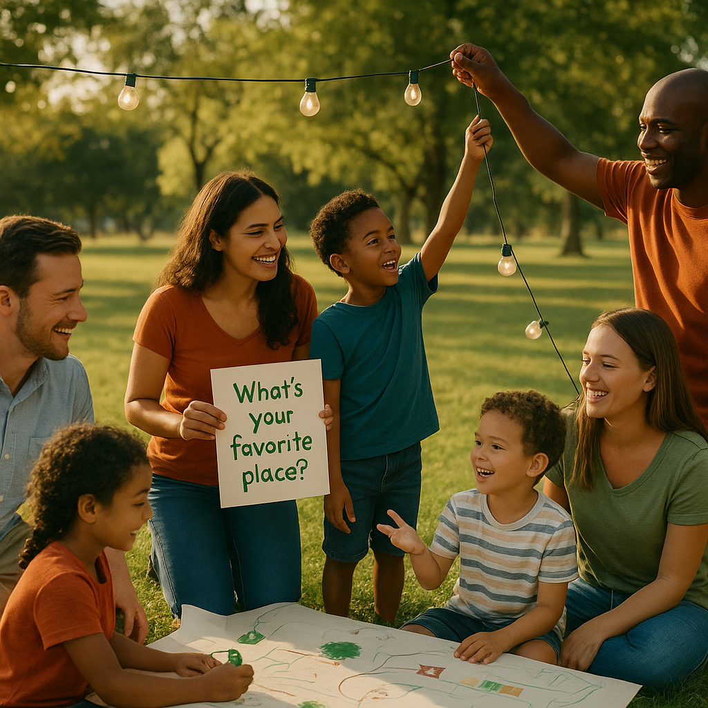 People in a sunlit park doing a group creative-scavenger activity