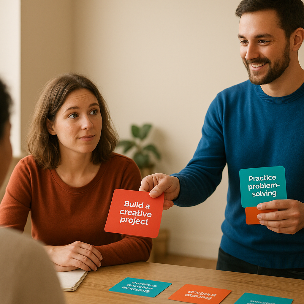 Facilitator handing out simple printed prompts to a curious attendee